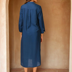 Navy Blue Embroidered Viscose Midi Dress