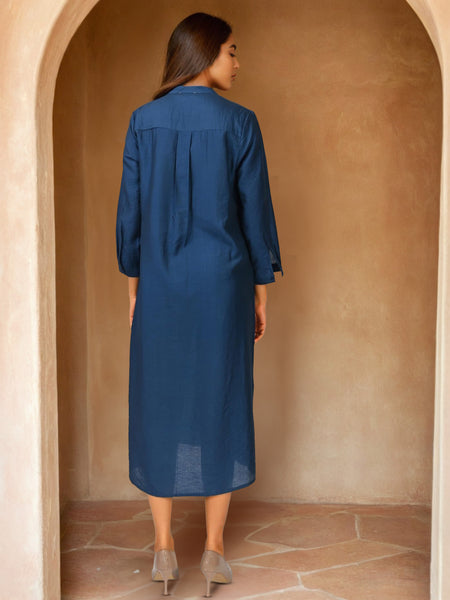 Navy Blue Embroidered Viscose Midi Dress