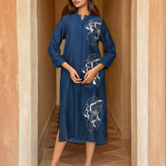 Navy Blue Embroidered Viscose Midi Dress