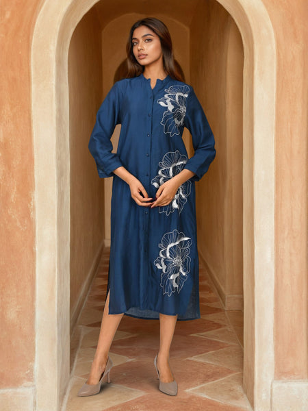 Navy Blue Embroidered Viscose Midi Dress
