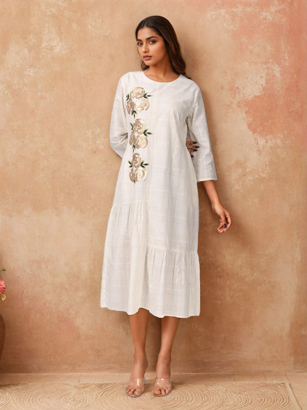 Off-White Embroidered Cotton Midi Dress