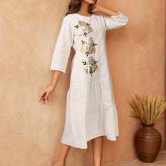 Off-White Embroidered Cotton Midi Dress