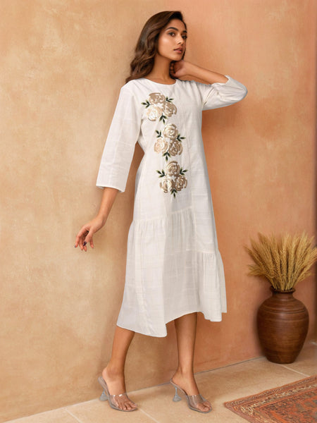Off-White Embroidered Cotton Midi Dress