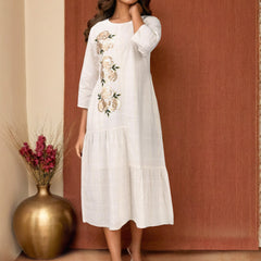 Off-White Embroidered Cotton Midi Dress