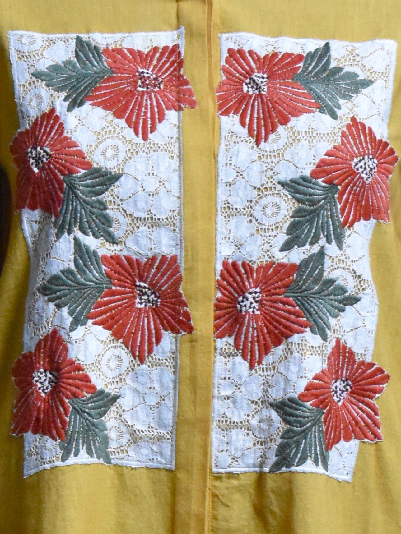 Mustard Yellow Floral Embroidered Cotton Shirt Dress
