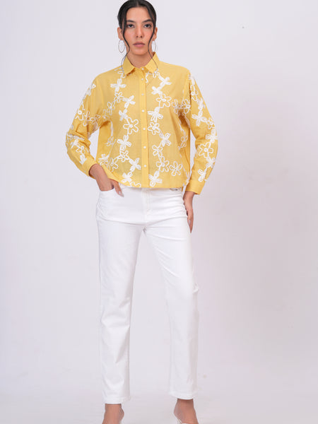 Yellow Cotton Embroidered Waist-Length Shirt with Collar Neck