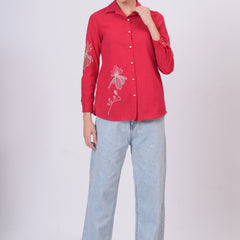 Rani Pink Classic Collar Shirt with Detailed Floral Sketch Embroidery