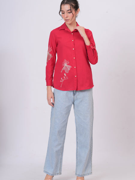 Rani Pink Classic Collar Shirt with Detailed Floral Sketch Embroidery