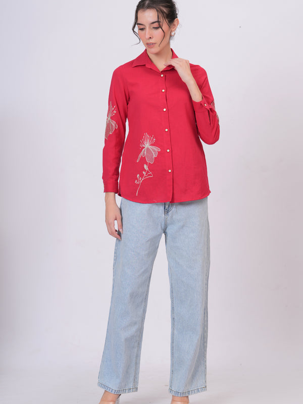 Rani Pink Classic Collar Shirt with Detailed Floral Sketch Embroidery