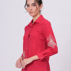 Rani Pink Classic Collar Shirt with Detailed Floral Sketch Embroidery