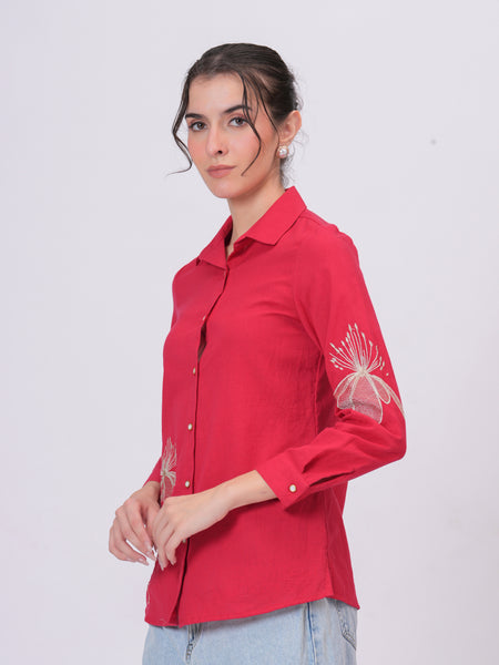 Rani Pink Classic Collar Shirt with Detailed Floral Sketch Embroidery