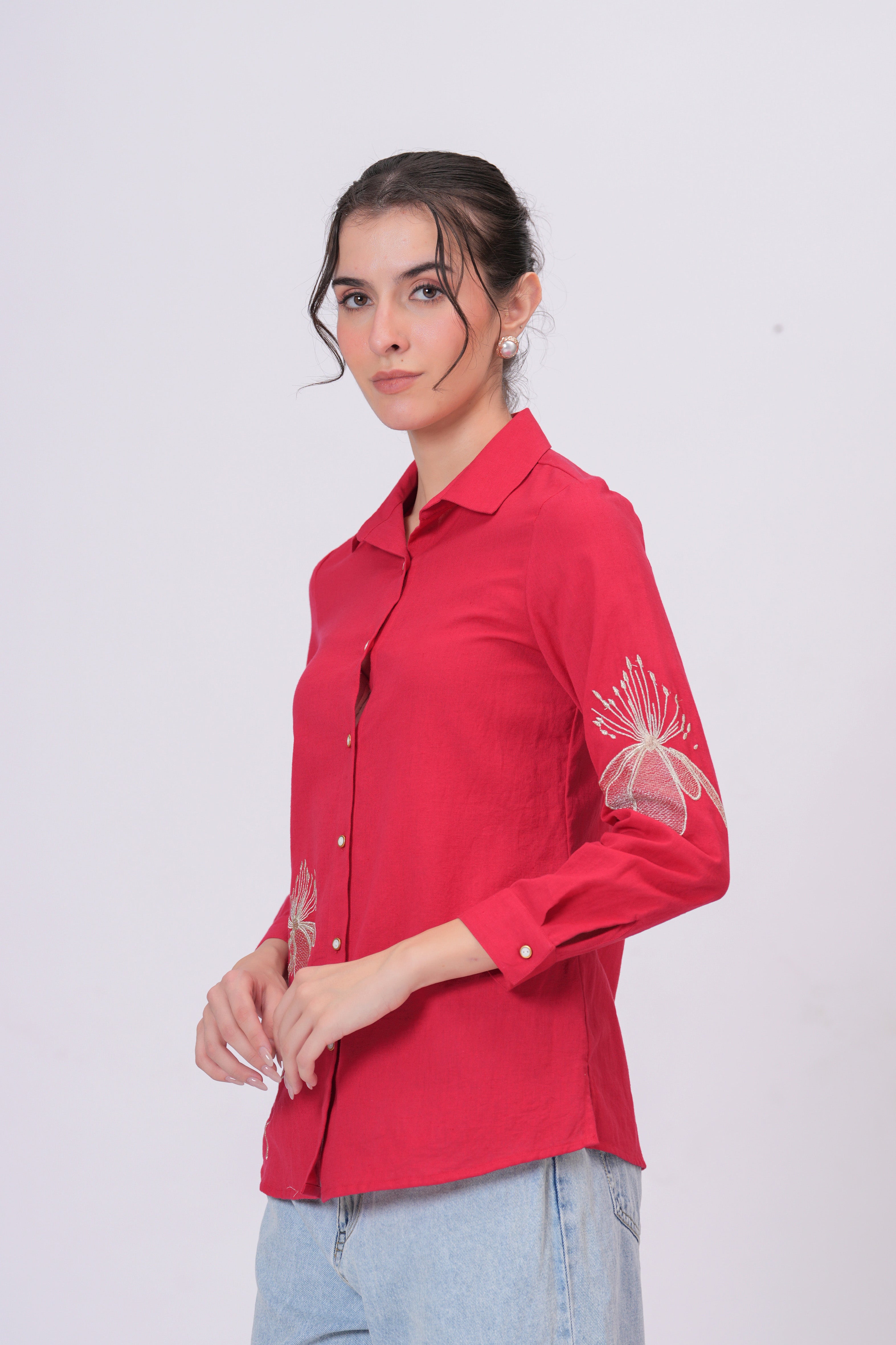 Rani Pink Classic Collar Shirt with Detailed Floral Sketch Embroidery
