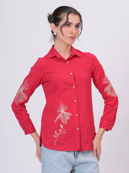 Rani Pink Classic Collar Shirt with Detailed Floral Sketch Embroidery