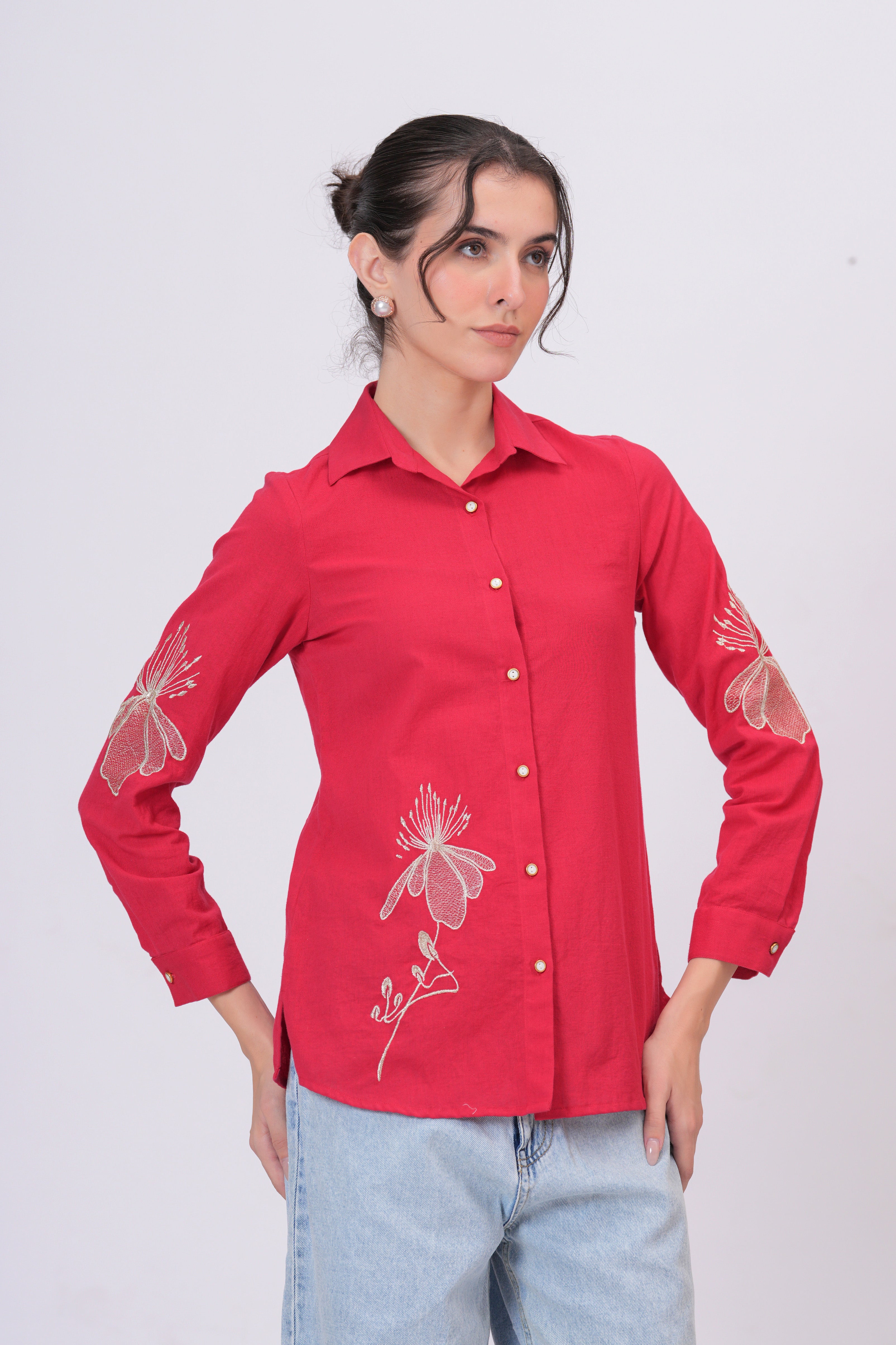 Rani Pink Classic Collar Shirt with Detailed Floral Sketch Embroidery