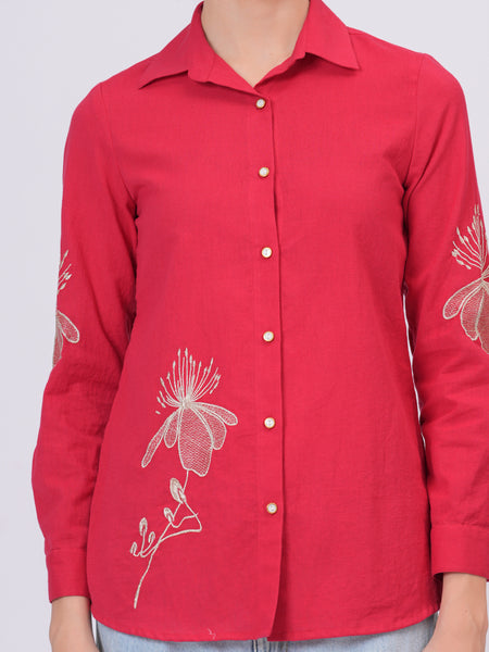 Rani Pink Classic Collar Shirt with Detailed Floral Sketch Embroidery