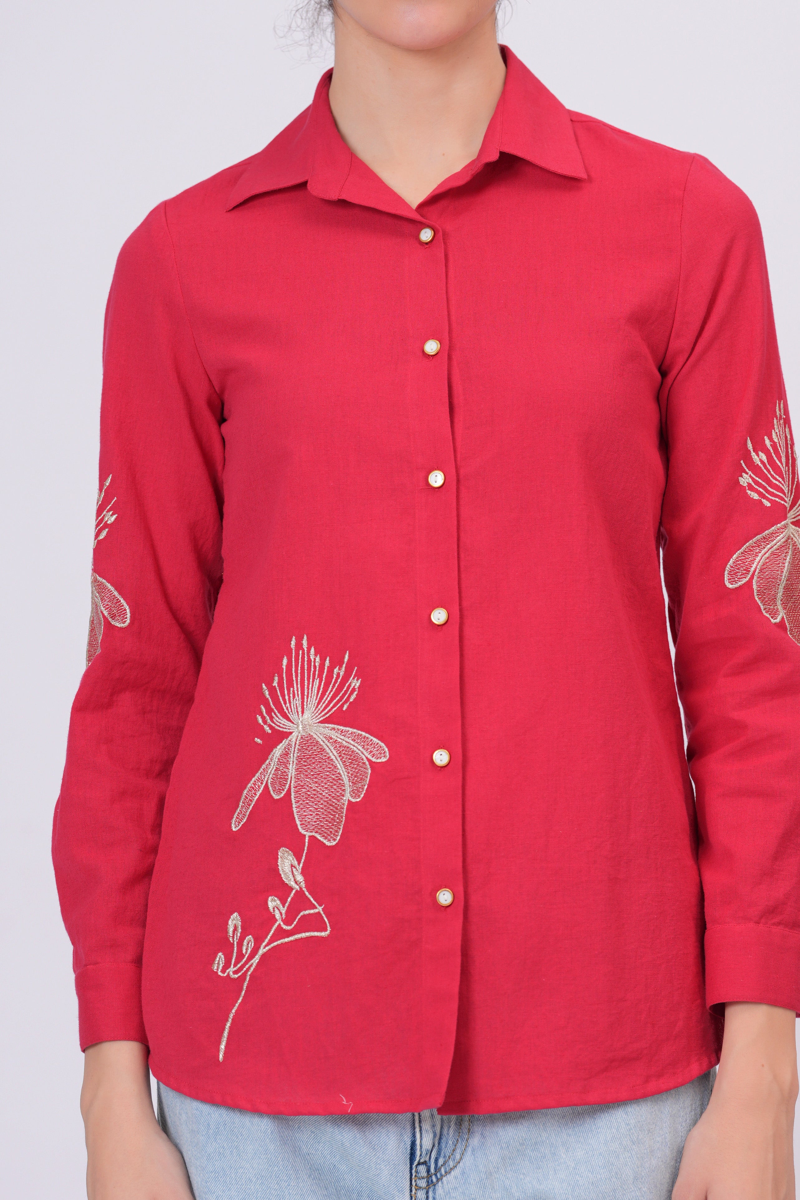 Rani Pink Classic Collar Shirt with Detailed Floral Sketch Embroidery