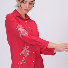 Rani Pink Classic Collar Shirt with Detailed Floral Sketch Embroidery