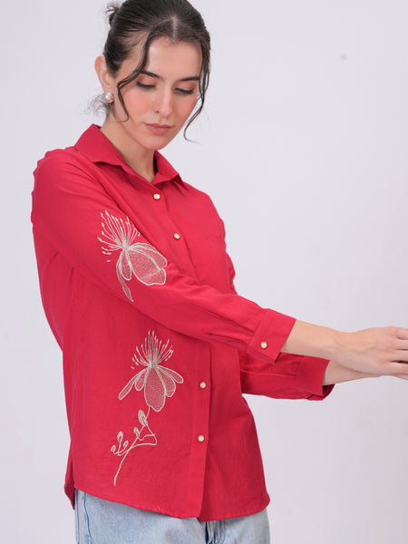 Rani Pink Classic Collar Shirt with Detailed Floral Sketch Embroidery