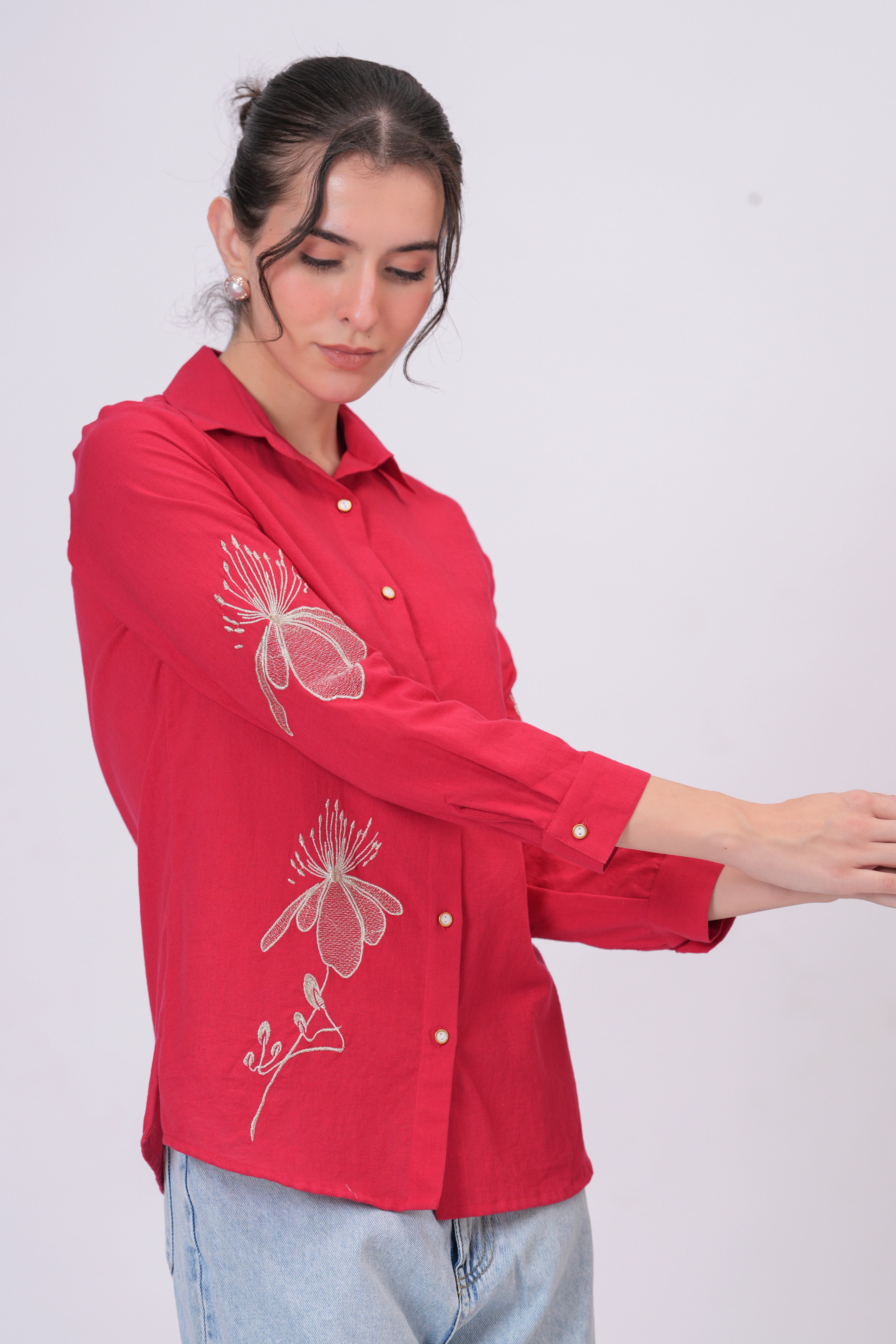 Rani Pink Classic Collar Shirt with Detailed Floral Sketch Embroidery