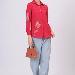 Rani Pink Classic Collar Shirt with Detailed Floral Sketch Embroidery