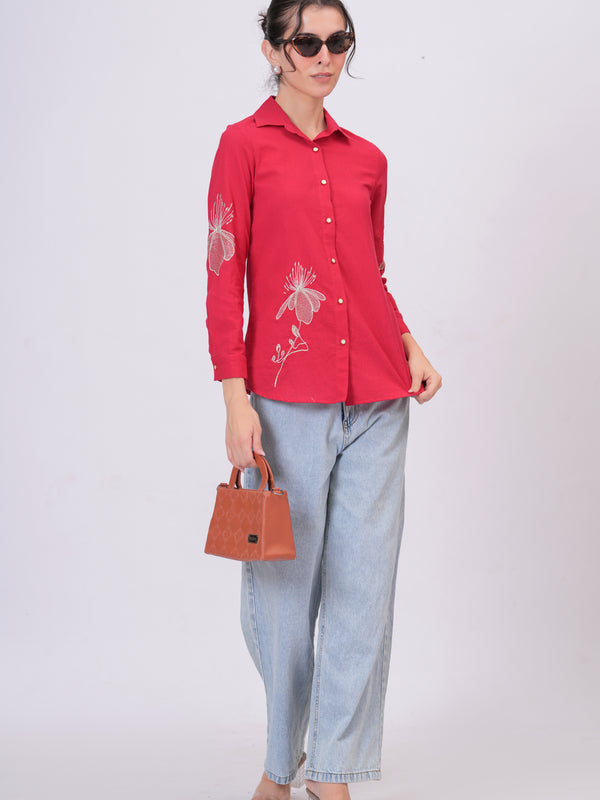 Rani Pink Classic Collar Shirt with Detailed Floral Sketch Embroidery
