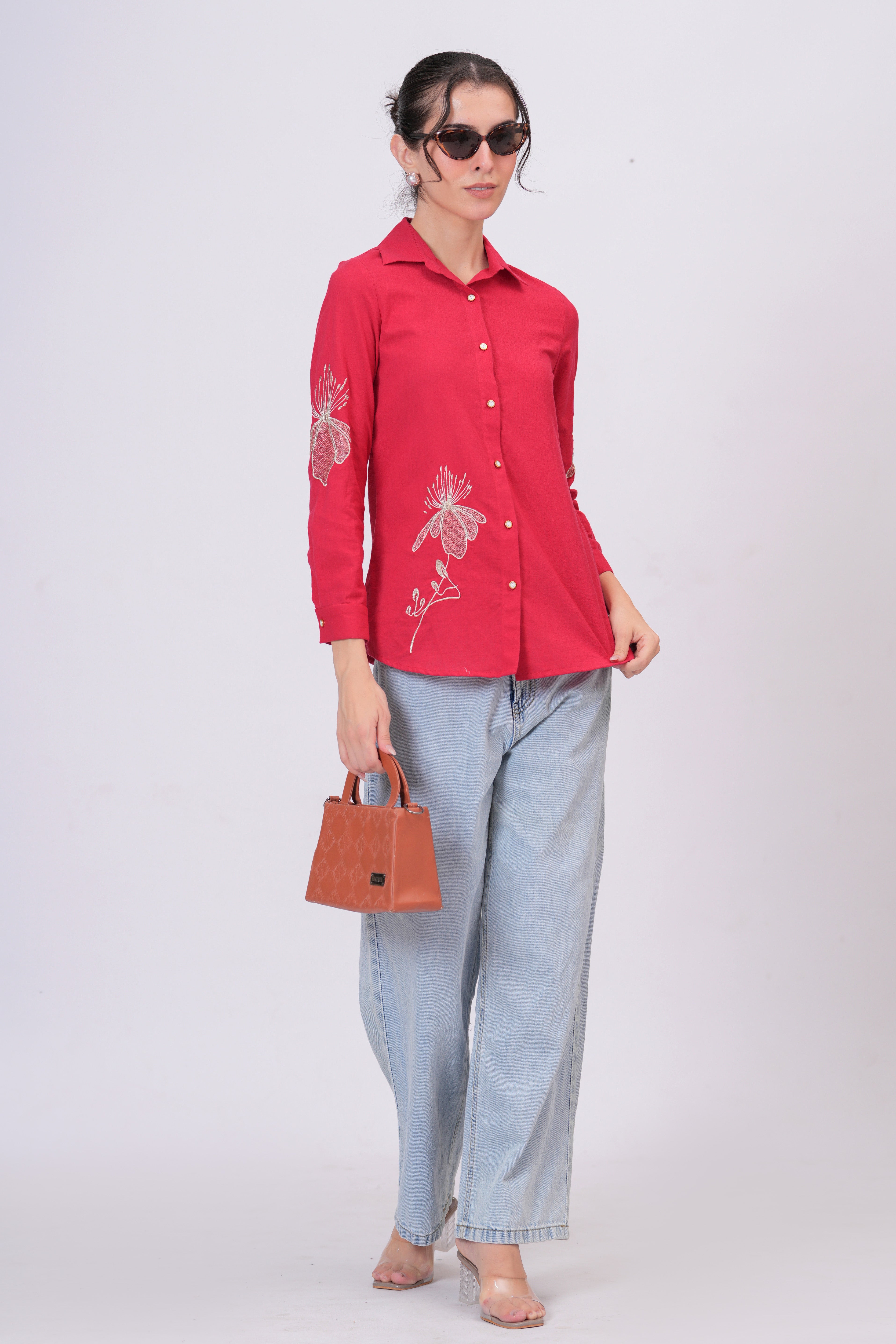Rani Pink Classic Collar Shirt with Detailed Floral Sketch Embroidery