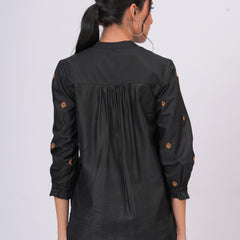 Black Embroidered Mandarin-Collar Shirt with Geometric Pattern