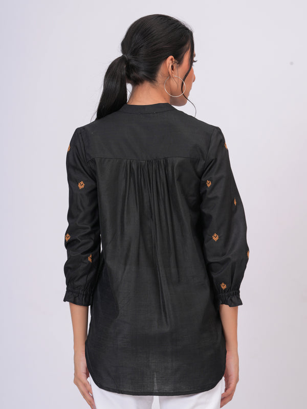 Black Embroidered Mandarin-Collar Shirt with Geometric Pattern