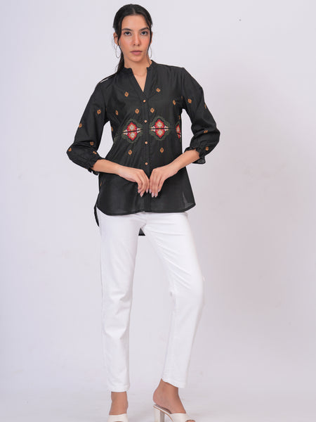 Black Embroidered Mandarin-Collar Shirt with Geometric Pattern