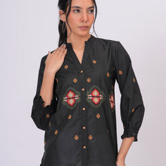 Black Embroidered Mandarin-Collar Shirt with Geometric Pattern