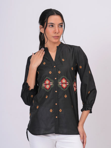 Black Embroidered Mandarin-Collar Shirt with Geometric Pattern