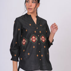 Black Embroidered Mandarin-Collar Shirt with Geometric Pattern
