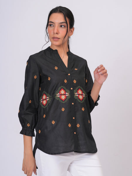 Black Embroidered Mandarin-Collar Shirt with Geometric Pattern