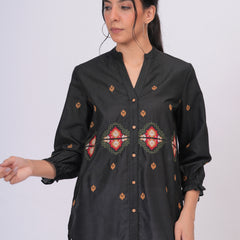 Black Embroidered Mandarin-Collar Shirt with Geometric Pattern