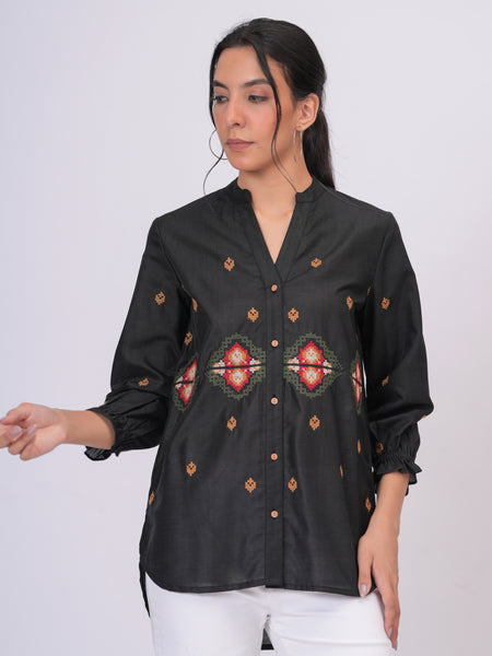 Black Embroidered Mandarin-Collar Shirt with Geometric Pattern