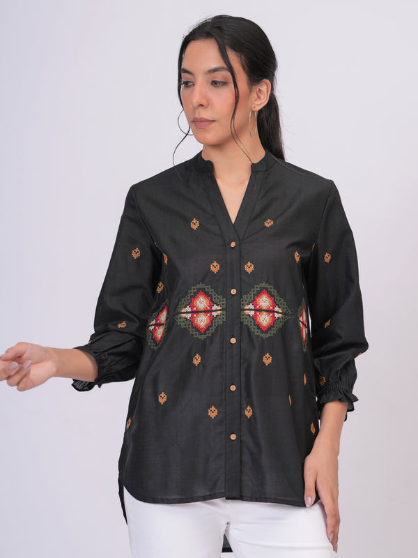 Black Embroidered Mandarin-Collar Shirt with Geometric Pattern
