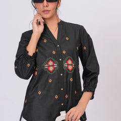Black Embroidered Mandarin-Collar Shirt with Geometric Pattern