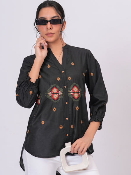 Black Embroidered Mandarin-Collar Shirt with Geometric Pattern