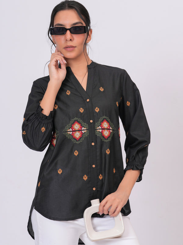 Black Embroidered Mandarin-Collar Shirt with Geometric Pattern
