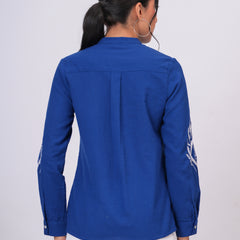 Sapphire Blue Floral Embroidered Button-Down Shirt