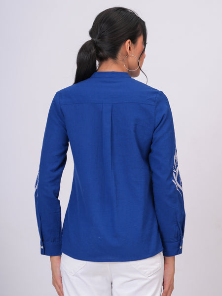 Sapphire Blue Floral Embroidered Button-Down Shirt