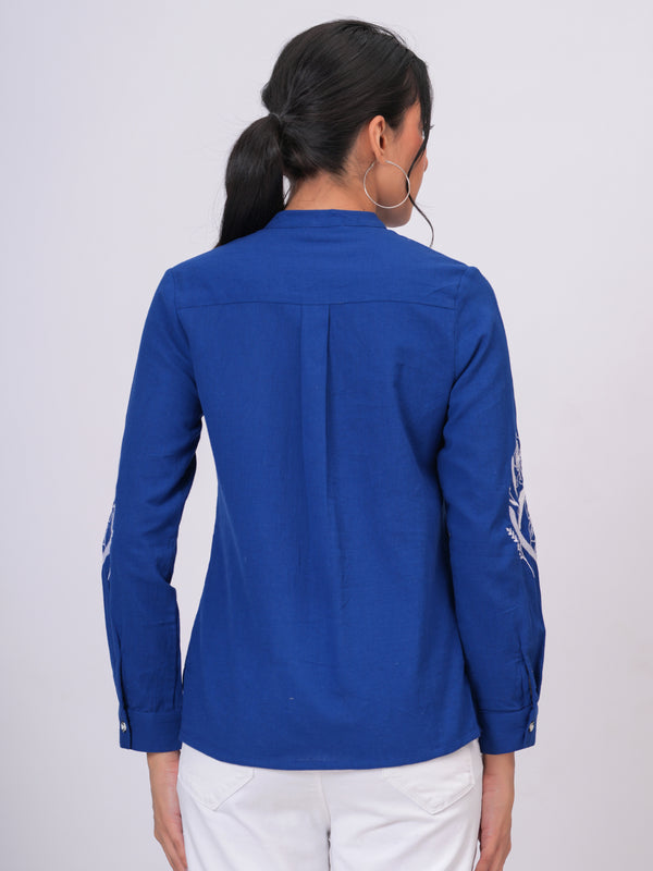 Sapphire Blue Floral Embroidered Button-Down Shirt