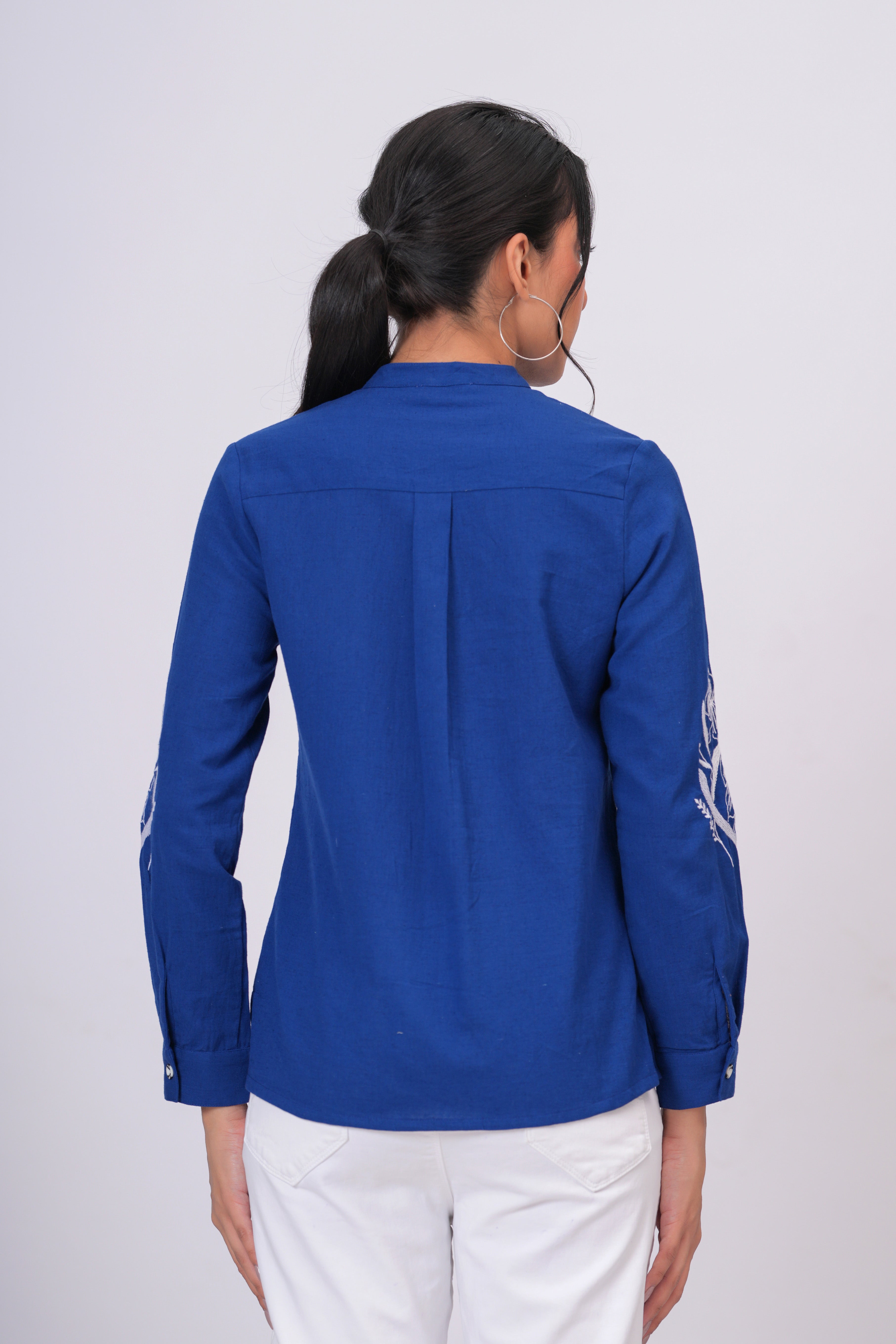 Sapphire Blue Floral Embroidered Button-Down Shirt