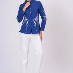 Sapphire Blue Floral Embroidered Button-Down Shirt
