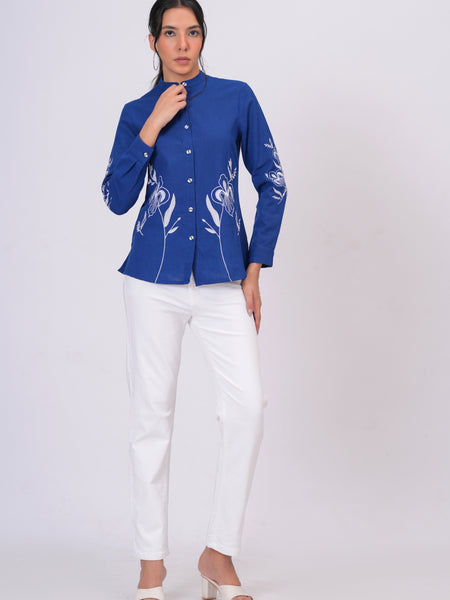 Sapphire Blue Floral Embroidered Button-Down Shirt
