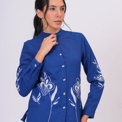 Sapphire Blue Floral Embroidered Button-Down Shirt