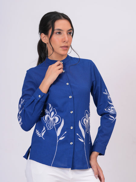 Sapphire Blue Floral Embroidered Button-Down Shirt