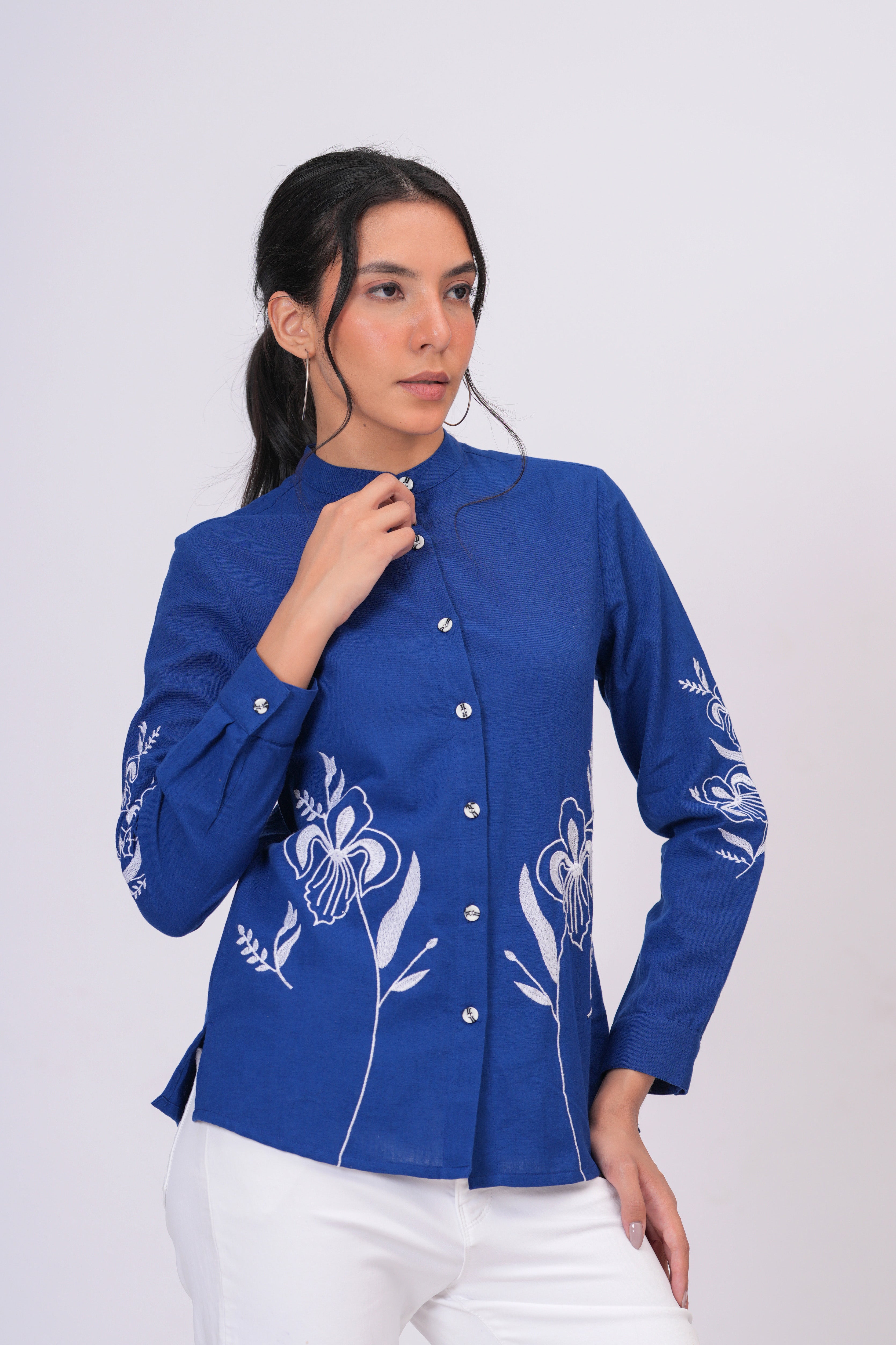 Sapphire Blue Floral Embroidered Button-Down Shirt