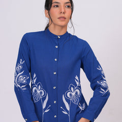 Sapphire Blue Floral Embroidered Button-Down Shirt
