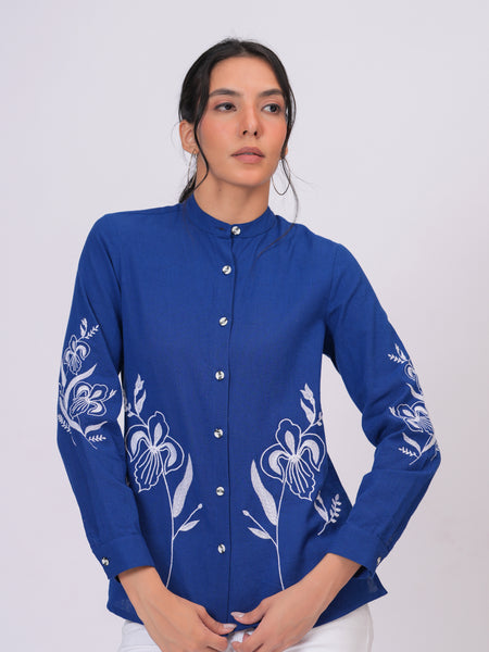 Sapphire Blue Floral Embroidered Button-Down Shirt